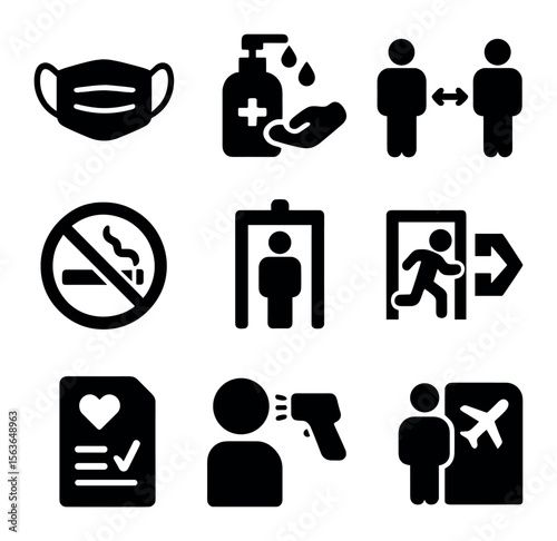 Airport Safety Icons. Solid, filled icons set of airport safety and regulations: face mask, hand sanitizer,