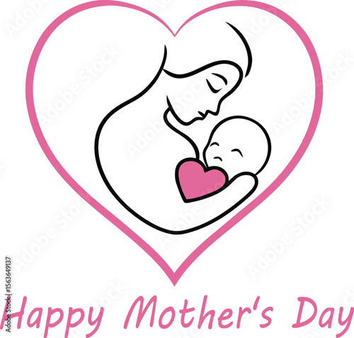 A heartwarming "Happy Mother's Day" illustration featuring a mother embracing her baby within a pink heart, symbolizing love and care.