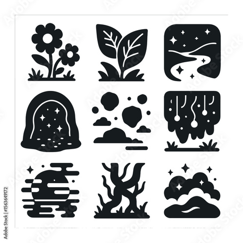 Dreamlike Nature Icons. Solid, filled icons set of dreamlike natural scenes: oversized flowers, giant leaves,