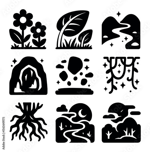 Dreamlike Nature Icons. Solid, filled icons set of dreamlike natural scenes: oversized flowers, giant leaves,