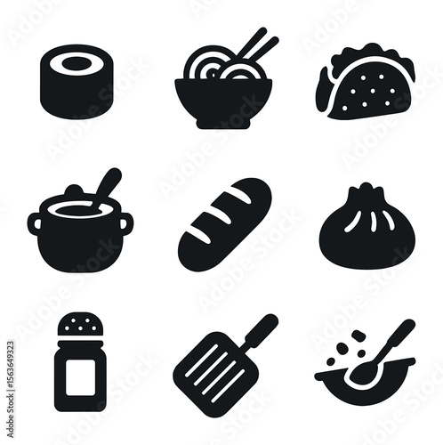 International Cuisine Icons. Solid, filled icons set of international cuisine workshops: sushi roll, pasta