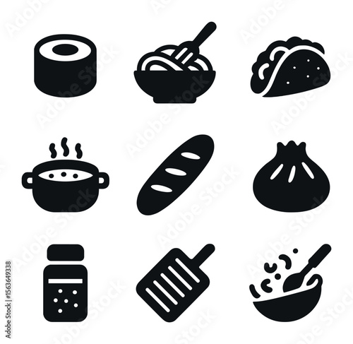 International Cuisine Icons. Solid, filled icons set of international cuisine workshops: sushi roll, pasta