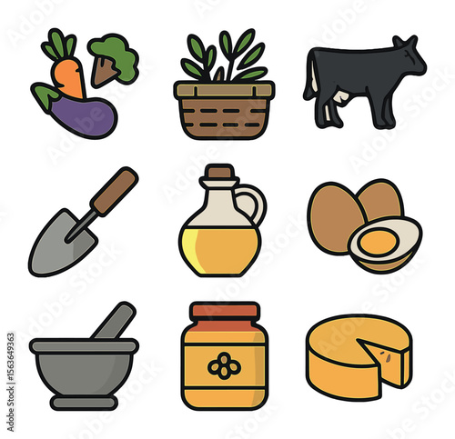 Farm-to-Table Icons. Solid, filled icons set of farm-to-table cooking experiences: fresh vegetables, basket of