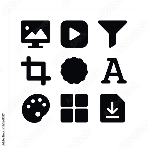 Content Creation Icons. Solid, filled icons set of content creation tools: photo editor, video play button,