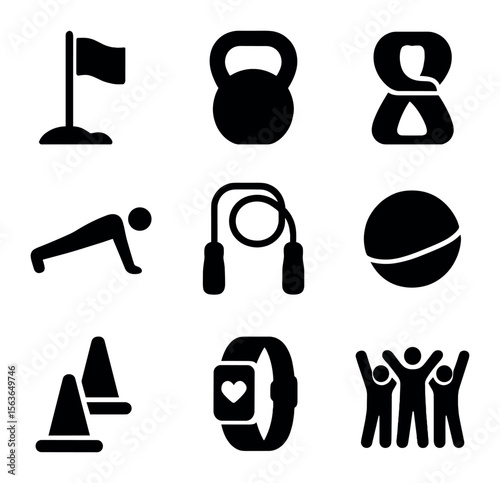 Group Fitness Icons. Solid, filled icons set of group fitness outdoors: bootcamp flag, kettlebell, resistance