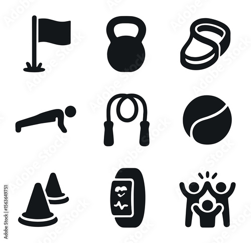 Group Fitness Icons. Solid, filled icons set of group fitness outdoors: bootcamp flag, kettlebell, resistance