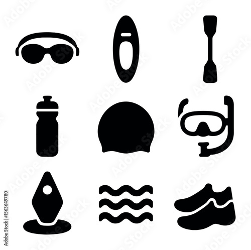 Water Fitness Icons. Solid, filled icons set of water-based fitness: swimming goggles, paddleboard, kayak