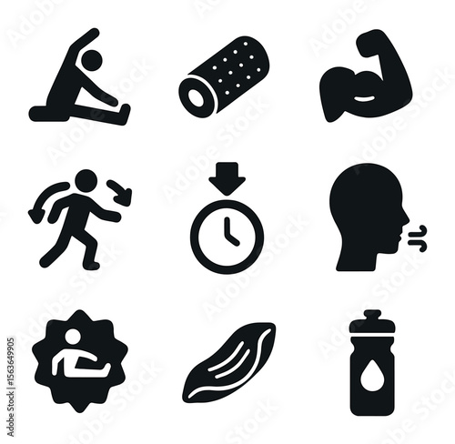 Warm-Up & Cool-Down Icons. Solid, filled icons set of warm-up and cool-down exercises: stretching figure, foam
