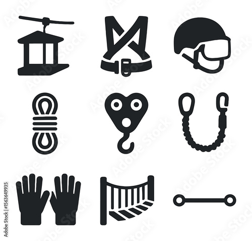 Adventure Gear Icons. Solid, filled icons set of adventure park gear: zip line platform, harness straps,