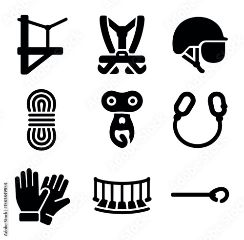 Adventure Gear Icons. Solid, filled icons set of adventure park gear: zip line platform, harness straps,