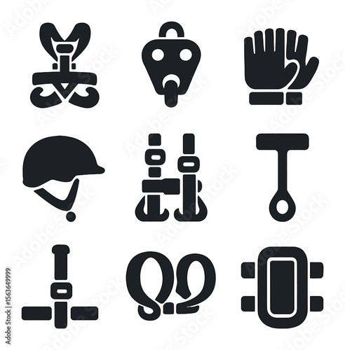 Zip Line Equipment Icons. Solid, filled icons set of zip line rider equipment: harness seat, pulley attachment