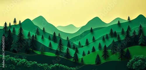 Layered green paper cut hills and trees form a stylized forest landscape ,  art,  abstract