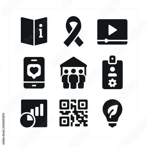 Consumer Awareness Icons. Solid, filled icons set of consumer awareness and education: info booklet, awareness