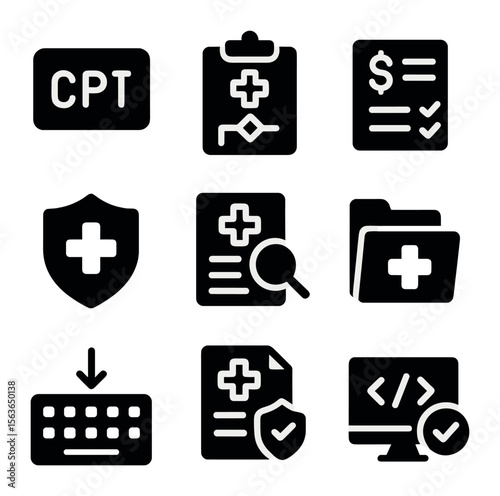 Healthcare Icons Grid. Solid, filled icons set of healthcare coding standards: CPT codes, diagnosis chart,