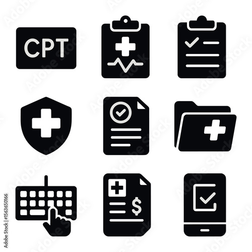 Healthcare Icons Grid. Solid, filled icons set of healthcare coding standards: CPT codes, diagnosis chart,