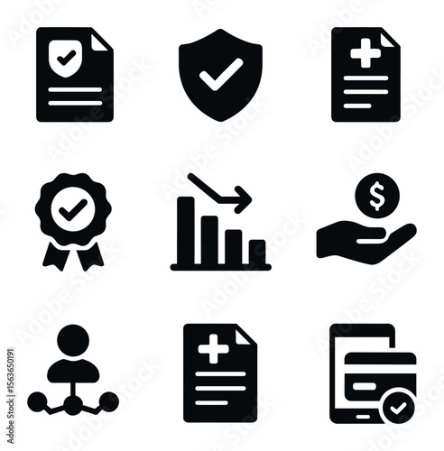 Insurance Icon Grid. Solid, filled icons set of insurance and reimbursement: policy document, coverage badge,