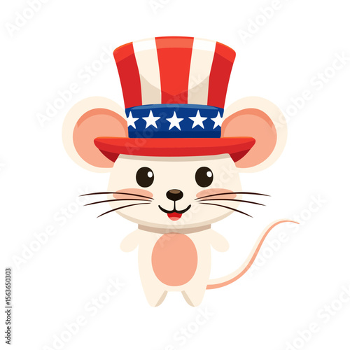 Cute Cartoon 4th of July Mouse Wearing a American Uncle Sam Hat  Isolated on a transparent Background