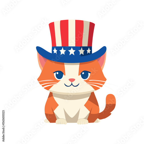 Cute Cartoon 4th of July Cat Wearing a American Uncle Sam Hat  Isolated on a transparent Background
