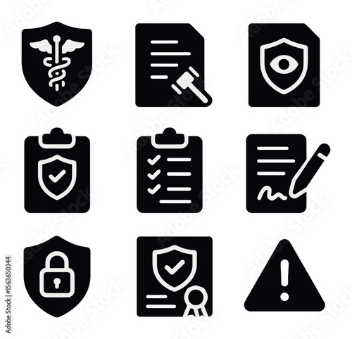 Compliance Icon Set. Solid, filled icons set of compliance and regulations: HIPAA shield, legal document,