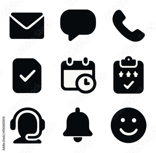 Customer Communication Icons. Solid, filled icons set of client communication and support: email icon, chat