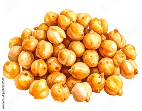 hand painted watercolor illustration of roasted chickpeas pile on isolated background for healthy snack, protein source, vegan food, and culinary ingredient
