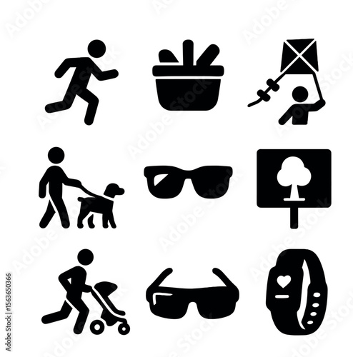 Outdoor Activity Icons. Solid, filled icons set of outdoor family activities: running figure, picnic basket,