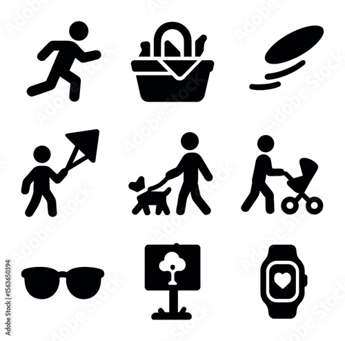 Outdoor Activity Icons. Solid, filled icons set of outdoor family activities: running figure, picnic basket,