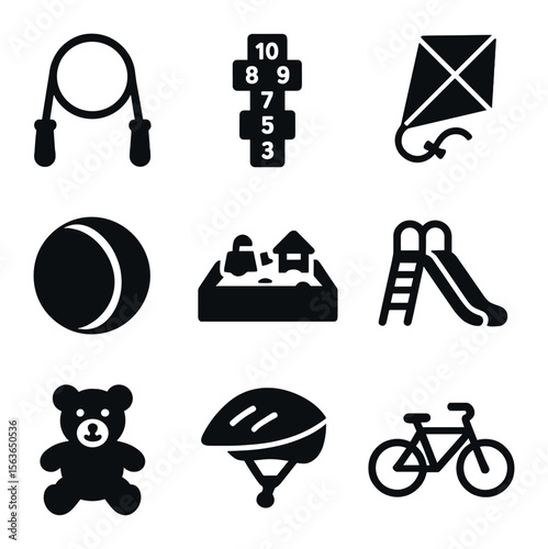 Children's Play Icons. Solid, filled icons set of children's play and activity: jump rope, hopscotch, ball,