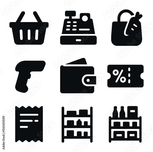 Grocery Icon Set. Solid, filled icons set of grocery shopping essentials: shopping basket, cash register,