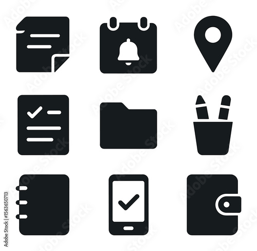 Shopping List Icons. Solid, filled icons set of shopping list organization: sticky notes, calendar reminder,