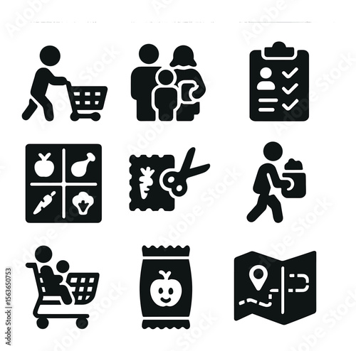 Family Grocery Icons. Solid, filled icons set of family grocery shopping: child with cart, family list, shared