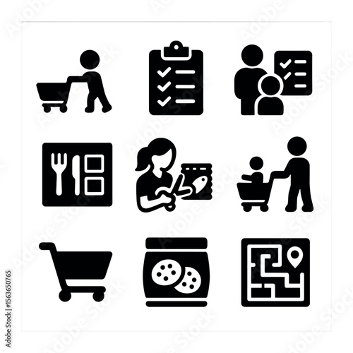 Family Grocery Icons. Solid, filled icons set of family grocery shopping: child with cart, family list, shared