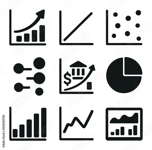 Financial Forecasting Icons. Solid, filled icons set of financial forecasting tools: predictive graph, trend
