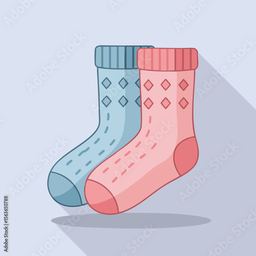 Knitted Socks with Decorative Pattern and Soft Shadows, Flat Vector