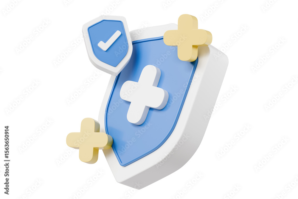 Obraz premium 3d Shield with a cross icon symbol on isolated purple background. Protection of health from diseases. Healthcare security insurance medical concept. 3d Minimal insurance blue shield icon. 3d render.