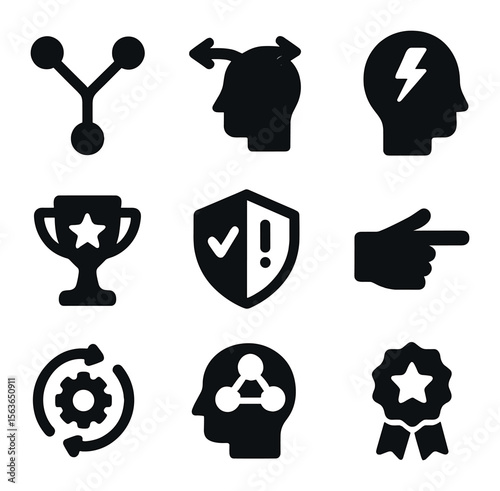 Behavioral Economics Icons. Solid, filled icons set of behavioral economics: decision tree, choice