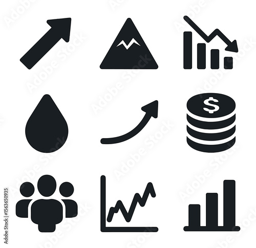 Business Cycle Icons. Solid, filled icons set of business cycle phases: expansion arrow, peak icon, recession