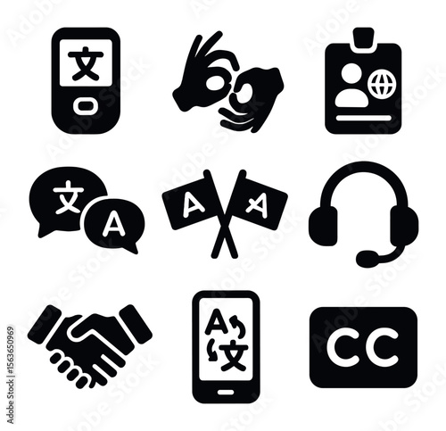 Language Barrier Icons. Solid, filled icons set of overcoming language barriers: translator device, sign
