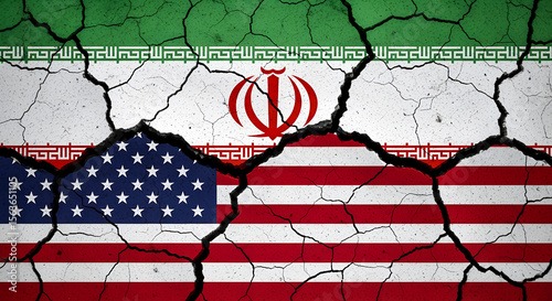 High-quality illustration of cracked and broken USA and Iran flags side by side, symbolizing political conflict and international tension. Perfect for editorial and geopolitical design projects.

