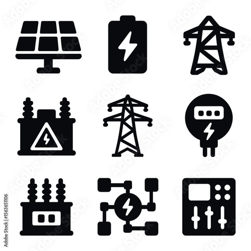 Renewable Energy Icons. Solid, filled icons set of renewable energy infrastructure: solar panel, energy