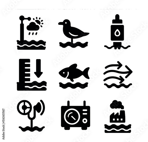Marine Monitoring Icons. Solid, filled icons set of environmental monitoring at sea: weather station, sea bird