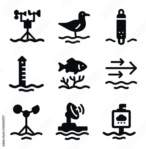 Marine Monitoring Icons. Solid, filled icons set of environmental monitoring at sea: weather station, sea bird
