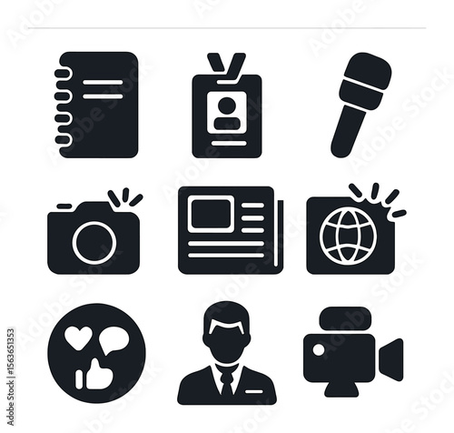 Journalism Icons Set. Solid, filled icons set of journalism and reporting: notebook, press badge, interview