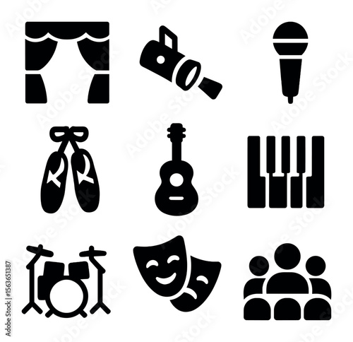 Performing Arts Icons. Solid, filled icons set of performing arts: stage curtain, spotlight, microphone,