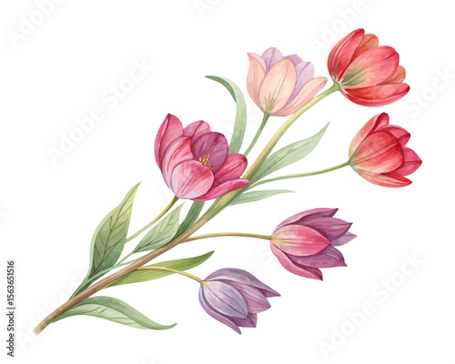 watercolor Tulip Branch vector illustration isolated on white background