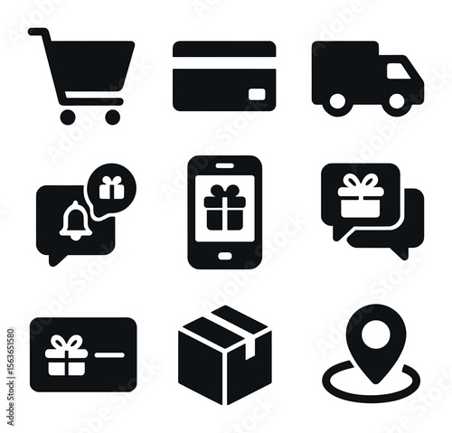 Gift Exchange Icons. Solid, filled icons set of online gift exchange: shopping cart, credit card, delivery