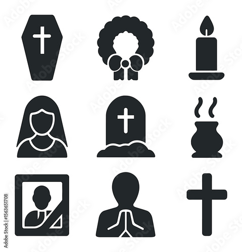 Funerary Ritual Icons. Solid, filled icons set of funerary rituals: coffin, wreath, candle, mourning veil,