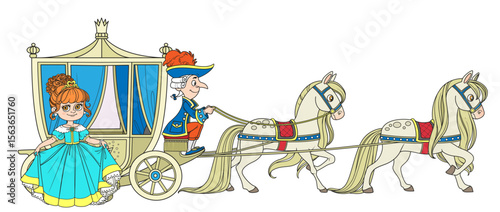 Cute cartoon princess near carriage pulled by horses with the coachman isolated on a white background