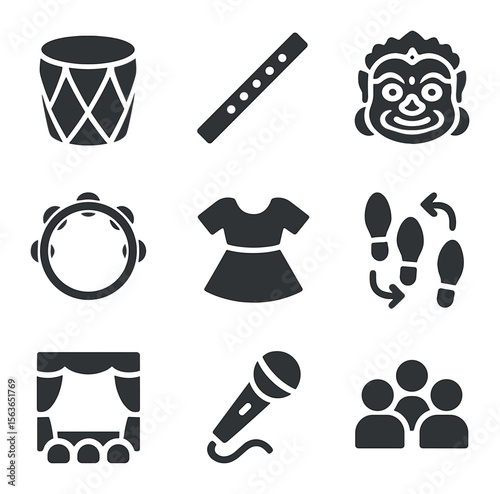 Cultural Music Icons. Solid, filled icons set of traditional music and dance: drum, flute, dance mask,