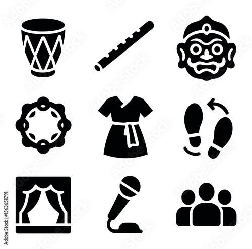 Cultural Music Icons. Solid, filled icons set of traditional music and dance: drum, flute, dance mask,